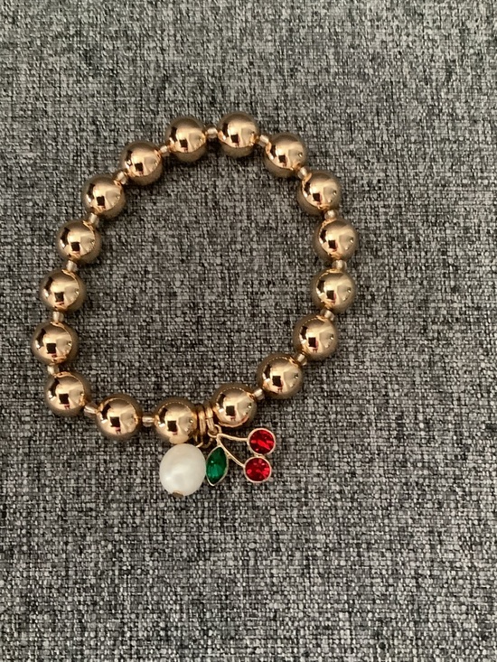 Park Lane Jewelry - Park Lane Gold-Tone Beaded Bracelet with Red Cherry, Green Leaf and Pearl Charm